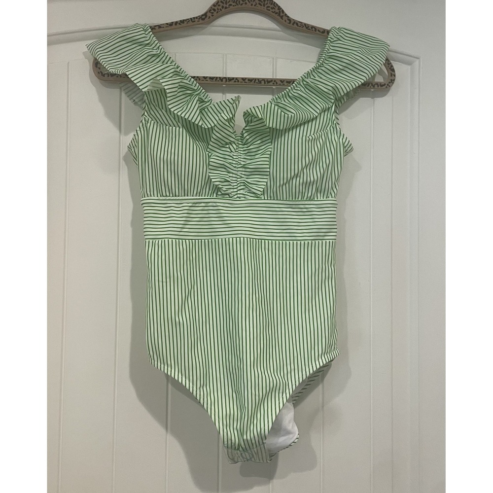 Ruffled V-Neck One-Piece Swimsuit in Light Green Stripe